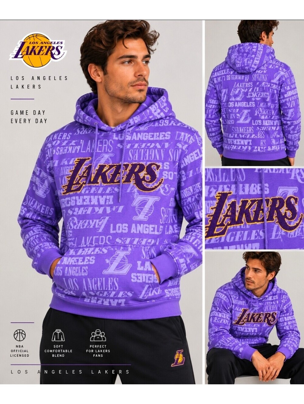 Los Angeles Lakers NBA Purple All Over Print Chenille Logo Hoodie Men’s M